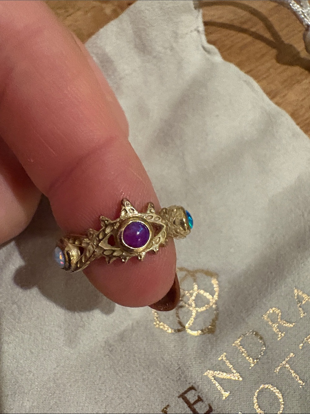 Kendra Scott Gold-Tone Ring with Purple Center and Iridescent Side Stones